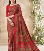 Red Floral Crepe Silk Printed Saree,Sari Comes With Blouse
