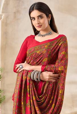 Red Floral Crepe Silk Printed Saree,Sari Comes With Blouse 2