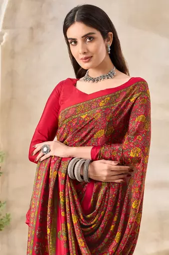 Red Floral Crepe Silk Printed Saree,Sari Comes With Blouse