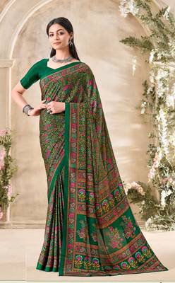 Dark Green,Beige  Floral Crepe Silk Printed Saree,Sari Comes With Blouse 1