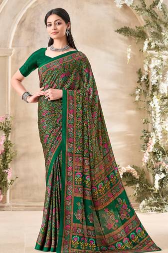 Dark Green,Beige  Floral Crepe Silk Printed Saree,Sari Comes With Blouse