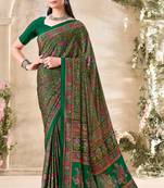 Dark Green,Beige  Floral Crepe Silk Printed Saree,Sari Comes With Blouse