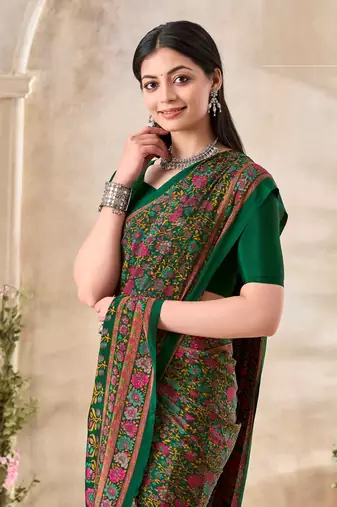 Dark Green,Beige  Floral Crepe Silk Printed Saree,Sari Comes With Blouse