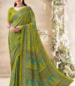 Mehendi Green Floral Crepe Silk Printed Saree,Sari Comes With Blouse