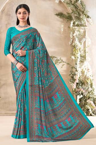 Teal Green Floral Crepe Silk Printed Saree,Sari Comes With Blouse