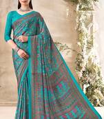 Teal Green Floral Crepe Silk Printed Saree,Sari Comes With Blouse