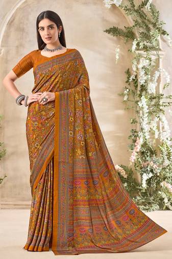 Mustard,Multi Floral Crepe Silk Printed Saree,Sari Comes With Blouse