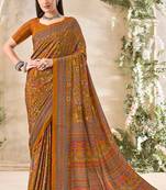 Mustard,Multi Floral Crepe Silk Printed Saree,Sari Comes With Blouse