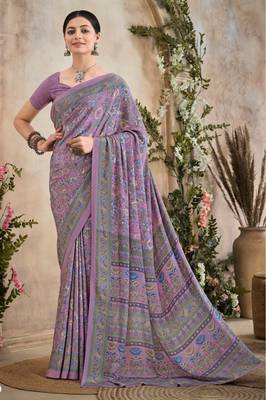 Lavender,Blue Floral Crepe Silk Printed Saree,Sari Comes With Blouse 1