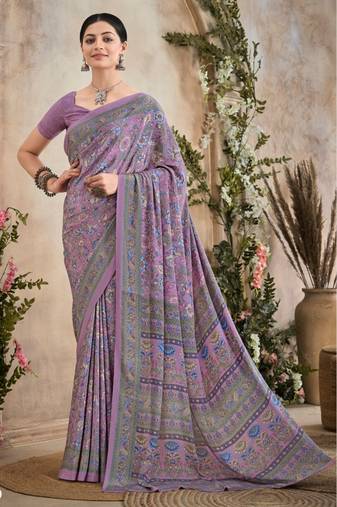 Lavender,Blue Floral Crepe Silk Printed Saree,Sari Comes With Blouse