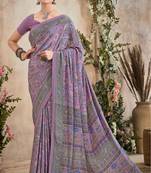 Lavender,Blue Floral Crepe Silk Printed Saree,Sari Comes With Blouse