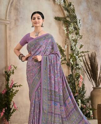 Lavender,Blue Floral Crepe Silk Printed Saree,Sari Comes With Blouse 2
