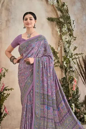 Lavender,Blue Floral Crepe Silk Printed Saree,Sari Comes With Blouse