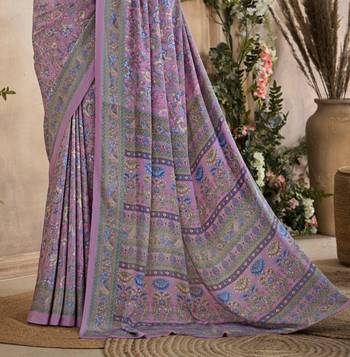 Lavender,Blue Floral Crepe Silk Printed Saree,Sari Comes With Blouse 3
