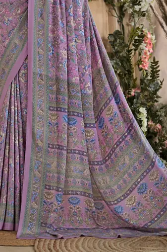 Lavender,Blue Floral Crepe Silk Printed Saree,Sari Comes With Blouse