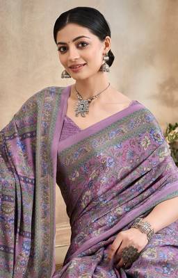 Lavender,Blue Floral Crepe Silk Printed Saree,Sari Comes With Blouse 4