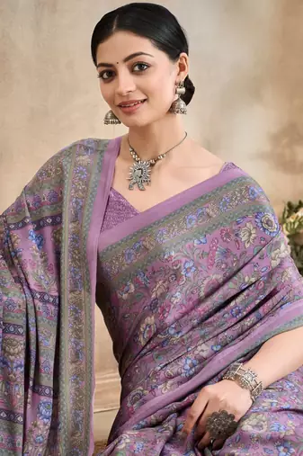 Lavender,Blue Floral Crepe Silk Printed Saree,Sari Comes With Blouse
