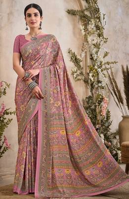 Peach,Mustard Floral Crepe Silk Printed Saree,Sari Comes With Blouse 1