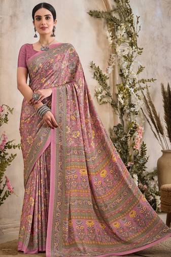 Peach,Mustard Floral Crepe Silk Printed Saree,Sari Comes With Blouse