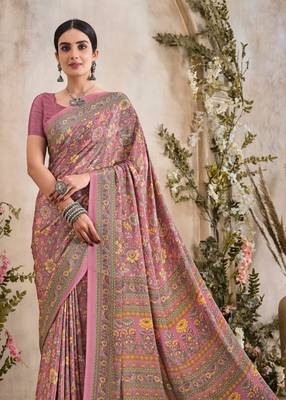 Peach,Mustard Floral Crepe Silk Printed Saree,Sari Comes With Blouse 2