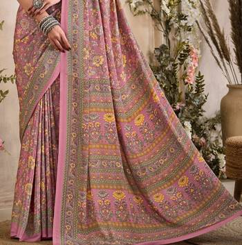 Peach,Mustard Floral Crepe Silk Printed Saree,Sari Comes With Blouse 3