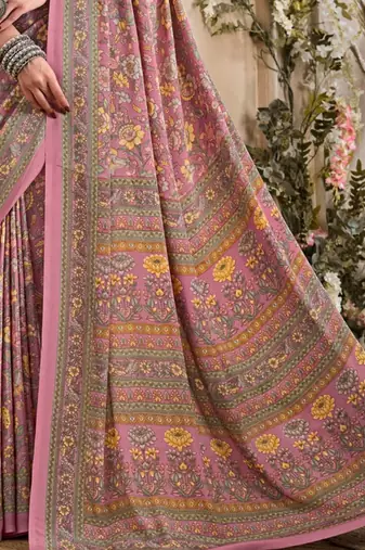 Peach,Mustard Floral Crepe Silk Printed Saree,Sari Comes With Blouse