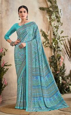 Sky Blue Floral Crepe Silk Printed Saree,Sari Comes With Blouse 1