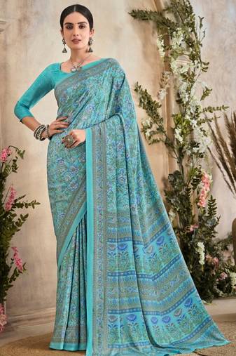 Sky Blue Floral Crepe Silk Printed Saree,Sari Comes With Blouse