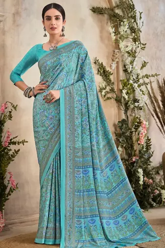 Sky Blue Floral Crepe Silk Printed Saree,Sari Comes With Blouse