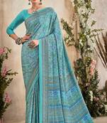 Sky Blue Floral Crepe Silk Printed Saree,Sari Comes With Blouse