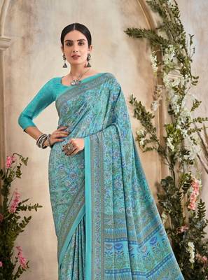 Sky Blue Floral Crepe Silk Printed Saree,Sari Comes With Blouse 2