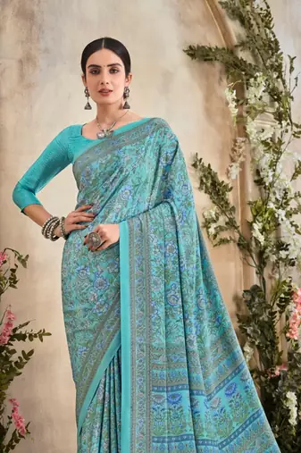 Sky Blue Floral Crepe Silk Printed Saree,Sari Comes With Blouse