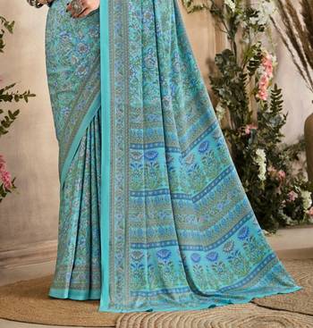 Sky Blue Floral Crepe Silk Printed Saree,Sari Comes With Blouse 3
