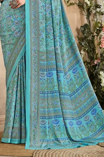 Sky Blue Floral Crepe Silk Printed Saree,Sari Comes With Blouse
