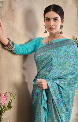 Sky Blue Floral Crepe Silk Printed Saree,Sari Comes With Blouse 4