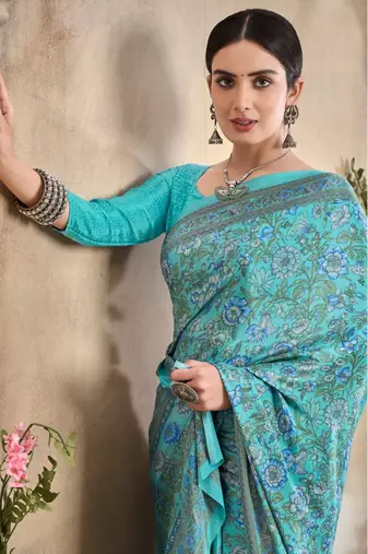 Sky Blue Floral Crepe Silk Printed Saree,Sari Comes With Blouse
