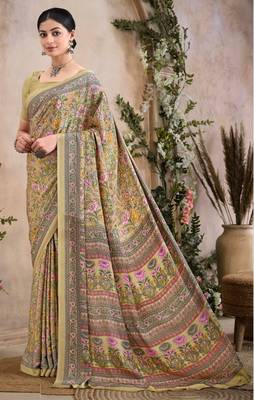 Cream,Pink Floral Crepe Silk Printed Saree,Sari Comes With Blouse 1