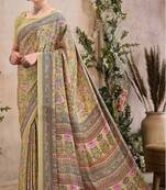 Cream,Pink Floral Crepe Silk Printed Saree,Sari Comes With Blouse