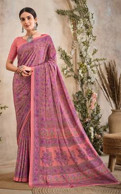 Pink Floral Crepe Silk Printed Saree,Sari Comes With Blouse 1