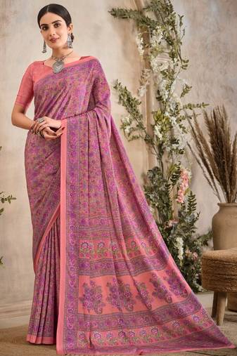 Pink Floral Crepe Silk Printed Saree,Sari Comes With Blouse