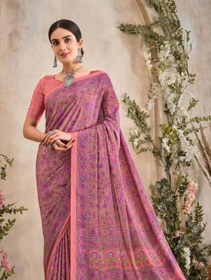 Pink Floral Crepe Silk Printed Saree,Sari Comes With Blouse 2