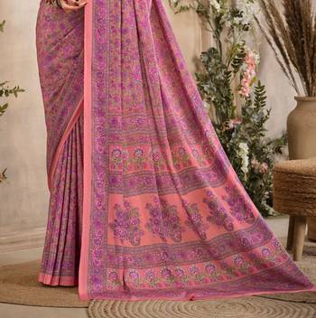 Pink Floral Crepe Silk Printed Saree,Sari Comes With Blouse 3