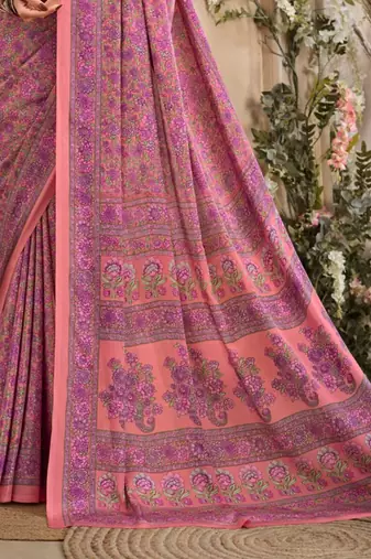 Pink Floral Crepe Silk Printed Saree,Sari Comes With Blouse