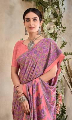 Pink Floral Crepe Silk Printed Saree,Sari Comes With Blouse 4