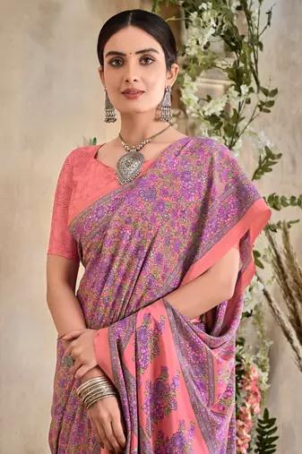 Pink Floral Crepe Silk Printed Saree,Sari Comes With Blouse
