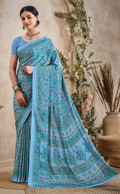 Blue Floral Crepe Silk Printed Saree,Sari Comes With Blouse 1