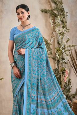 Blue Floral Crepe Silk Printed Saree,Sari Comes With Blouse 2