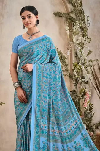 Blue Floral Crepe Silk Printed Saree,Sari Comes With Blouse