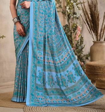 Blue Floral Crepe Silk Printed Saree,Sari Comes With Blouse 3