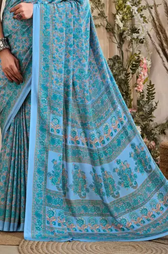Blue Floral Crepe Silk Printed Saree,Sari Comes With Blouse